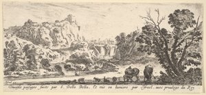 Vodopád sestupující z hor v pozadí uprostřed, různá zvířata a..., ca. 1641. od Stefano della Bella