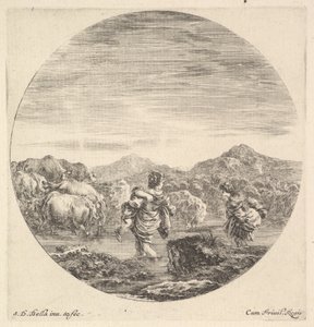 Žena nesoucí dítě uprostřed, při pohledu zezadu, další žena vpravo, obličej..., ca. 1643-48. od Stefano della Bella