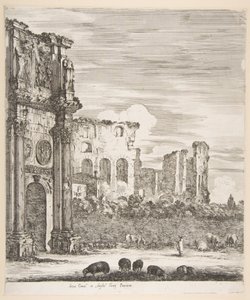 Konstantinův oblouk a Koloseum s ovcemi pasoucími se v popředí, ze šesti velkých pohledů..., 1656. od Stefano della Bella