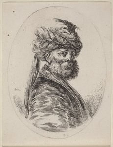 Vousatý mouřenín v opeřeném turbanu se závojem, obrácený doprava od Stefano della Bella
