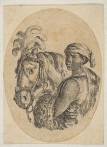 Černý otrok nese leopardí kožešinu a drží uzdu koně z několika hlav..., 1649-50. od Stefano della Bella