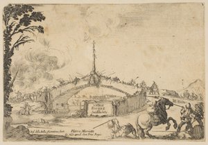 Boj na mostě, bitva jezdce a dvou pěšáků s meči vpravo dole..., ca. 1645. od Stefano della Bella