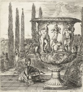 De jonge Cosimo III de Medici tekent de Medici-vaas Řím, v zahradách Medicejských, výjimečný mramor (název na předmětu) Gezichten op Rome en omgeving (název série) Six grandes vues, dont quatre de Rome et deux de la Campagne romaine (název série) od Stefano della Bella
