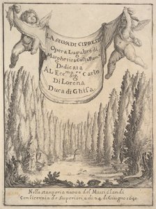 Frontispis pro Cypřišový les La selva di cipressi: dva putti drží gobelín v..., 1640. od Stefano della Bella