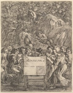 Frontispis pro The Works of Scarron uvres de Scarron, básník sedící v křesle..., 1649. od Stefano della Bella