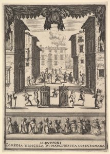 Frontispis pro komedii The Buffoons Li Buffoni, jevištní děj připomínající pu..., 1639-41. od Stefano della Bella