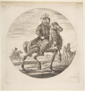 Maďarský jezdec jedoucí vpravo, další jezdci v pozadí, cirku..., ca. 1651. od Stefano della Bella