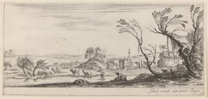 Krajina s rolníkem připravujícím se na překročení potoka v roce 1647 nebo dříve. od Stefano della Bella