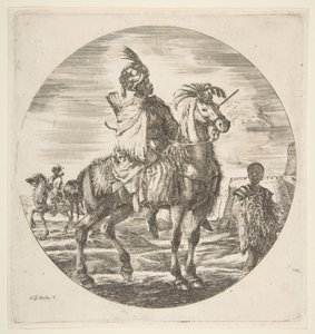 Maurský jezdec z profilu vpravo, černý otrok držící kožešinu vpravo, jiný..., ca. 1651. od Stefano della Bella