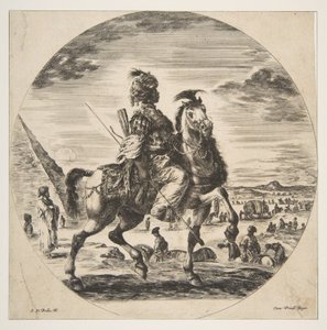 Maurský jezdec z profilu vpravo, v pozadí vlevo pyramida, mnoho fi..., ca. 1651. od Stefano della Bella