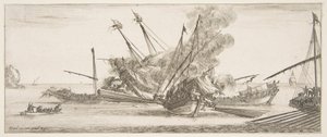 Námořní boj, loď uprostřed, při pohledu zezadu, střílející na čtyři nepřátelské lodě, další..., ca. 1641. od Stefano della Bella
