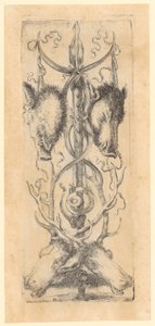 Ornamentální panel se dvěma hlavami kanců nahoře, dvěma jeleními hlavami dole a rohem uprostřed, list 8 ze série „Ornamenty nebo grotesky“ od Stefano della Bella