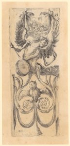Panel s bubnující Smrtí, dole sova držící v zobáku provaz od zvonu, list 12 ze série „Ornamenty nebo grotesky“ od Stefano della Bella