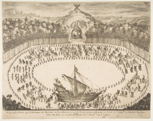 Průvodní plovák v podobě lodi, nahoře erb velkovévody z Modeny, 1652. od Stefano della Bella