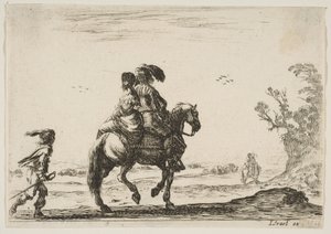 Deska 10: jezdec a žena, při pohledu zezadu, jedoucí vpravo s mladým ..., 1642. od Stefano della Bella