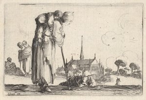 Talíř 10: selka otočená doprava s dítětem na zádech, chlapec lyi..., ca. 1642. od Stefano della Bella