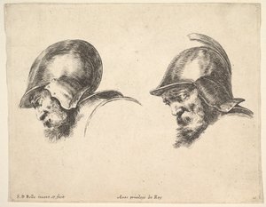 Talíř 10: dvě hlavy starých vojáků s přilbami, obě hledící doleva a dívající se dolů..., ca. 1641. od Stefano della Bella