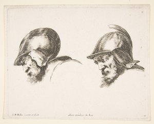 Talíř 10: dvě hlavy starých vojáků s přilbami, obě hledící doleva a dívající se dolů..., ca. 1641. od Stefano della Bella