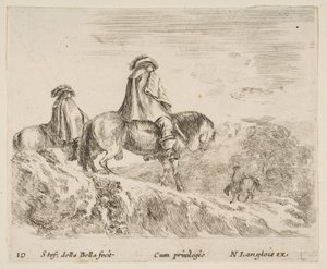 Deska 10: dva jezdci sestupující z hory vlevo, další jezdec vpravo v ..., ca. 1644-47. od Stefano della Bella