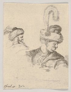 Deska 11: Polská busta z profilu, otočená doprava, další polská hlava při pohledu od..., ca. 1649. od Stefano della Bella