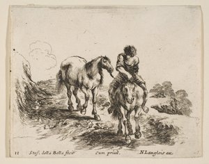 Talíř 11: mladý jezdec, viděný zepředu, vede jiného koně, od Diver..., ca. 1644-47. od Stefano della Bella