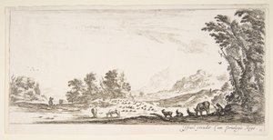 Talíř 11: pastýřka sedící vpravo pod stromem, pozorující své stádo vlevo..., ca. 1641. od Stefano della Bella