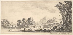 Talíř 11: pastýřka sedící vpravo pod stromem, pozorující své stádo vlevo..., ca. 1641. od Stefano della Bella