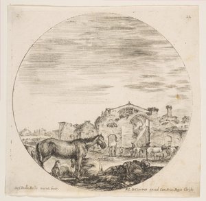 Talíř 12: ovčák spí na zemi vpravo, tři koně vlevo, další koně..., ca. 1646. od Stefano della Bella