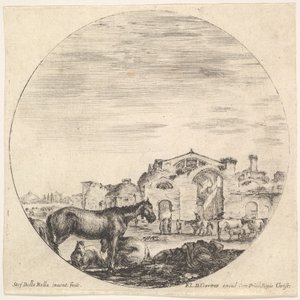 Talíř 12: ovčák spí na zemi vpravo, tři koně vlevo, další h..., ca. 1643-48. od Stefano della Bella