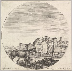 Talíř 12: ovčák spí na zemi vpravo, tři koně vlevo, další h..., ca. 1643-48. od Stefano della Bella