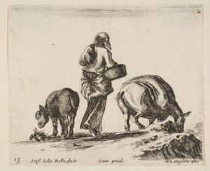 Talíř 13: selka, při pohledu zezadu, držící košík uprostřed, osel..., ca. 1644-47. od Stefano della Bella