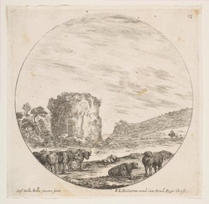Deska 13: ruiny chrámu v římské krajině, z římských krajin a ruin P..., ca. 1646. od Stefano della Bella
