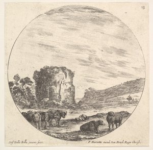 Deska 13: ruiny starověkého chrámu v pozadí, stádo krav v popředí..., ca. 1643-48. od Stefano della Bella