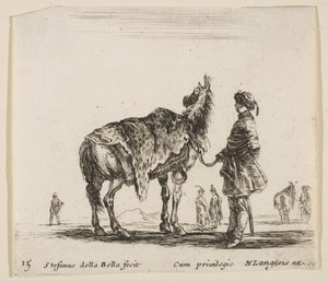 Talíř 15: Polský šlechtic, odvrácený, drží svého koně pokrytého leopardí kůží..., ca. 1644-47. od Stefano della Bella