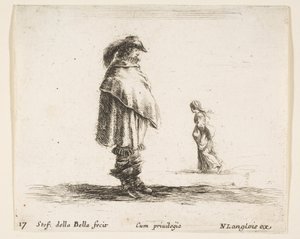 Talíř 17: muž s opeřeným kloboukem uprostřed tváří vpravo, žena jdoucí směrem k..., ca. 1644-47. od Stefano della Bella