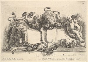Deska 18: kartuše obsahující prázdný hřeben, dvě lvice, jedna vlevo a jedna v cen..., 1646. od Stefano della Bella