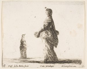 Deska 18: šlechtična kráčející vlevo s opeřeným vějířem, další žena..., ca. 1644-47. od Stefano della Bella