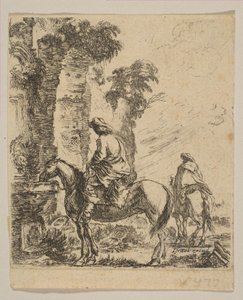 Talíř 19: Krajina s kavalírem napájejícím koně u fontány, z různých fi..., ca. 1646. od Stefano della Bella