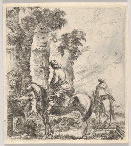 Talíř 19: jezdec, který dává svému koni pít z umyvadla fontány vlevo, další h..., ca. 1646. od Stefano della Bella