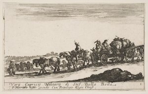 Talíř 1: Povoz tažený koňmi vezoucí lidi a zboží, mrtvý kůň v popředí, f..., ca. 1641. od Stefano della Bella