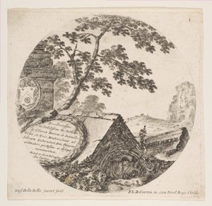 Deska 1: fragmenty z antických památek, z římských krajin a zřícenin Krajiny..., ca. 1646. od Stefano della Bella