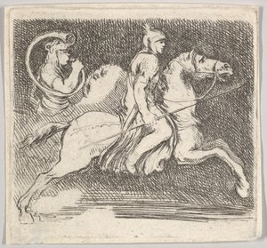 Talíř 20: voják z profilu cválající doprava držící kopí v pravé ruce..., ca. 1646. od Stefano della Bella