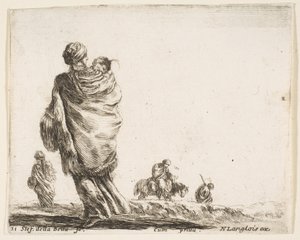 Talíř 21: chudá žena vlevo, při pohledu zezadu, zahalující své dítě do šátku..., ca. 1644-47. od Stefano della Bella
