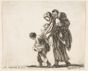 Talíř 22: žebračka se třemi dětmi, jedno dítě na ramenou, jedno dítě..., ca. 1644-47. od Stefano della Bella
