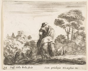 Talíř 24: pastevec na koni, viděno zezadu, vede svůj dobytek dolů z kopce, ..., ca. 1644-47. od Stefano della Bella
