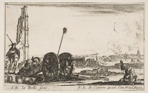 Talíř 2: Dělo nalevo, město v pozadí, z Various Military Capric..., ca. 1641. od Stefano della Bella