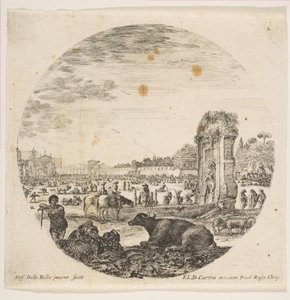 Talíř 2: Campo Vaccino, buvol a dva pastýři uprostřed, Fontanone vpravo ..., ca. 1646. od Stefano della Bella