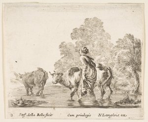 Talíř 2: selka žene dvě krávy přes potok, kráčí doleva..., ca. 1644-47. od Stefano della Bella