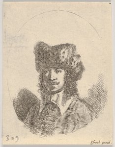 Deska 2: hlava muže s knírem a kožešinovou čepicí obrácenou doleva, oválná kompozice, z..., 1650. od Stefano della Bella