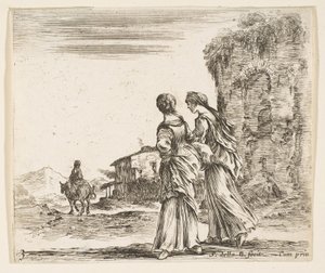 Talíř 3: dvě dívky jdoucí vlevo, při pohledu zezadu, žena na koni t..., ca. 1644-47. od Stefano della Bella